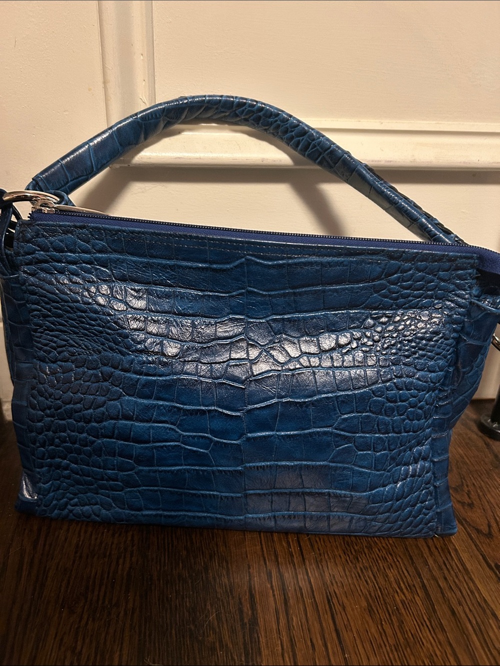 Blue Croc-Embossed Italian Leather Shoulder Bag